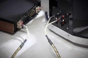 QED Golden Anniversary XT Lautsprecherkabel, angeschlossen an Verstärker und Lautsprecherterminal